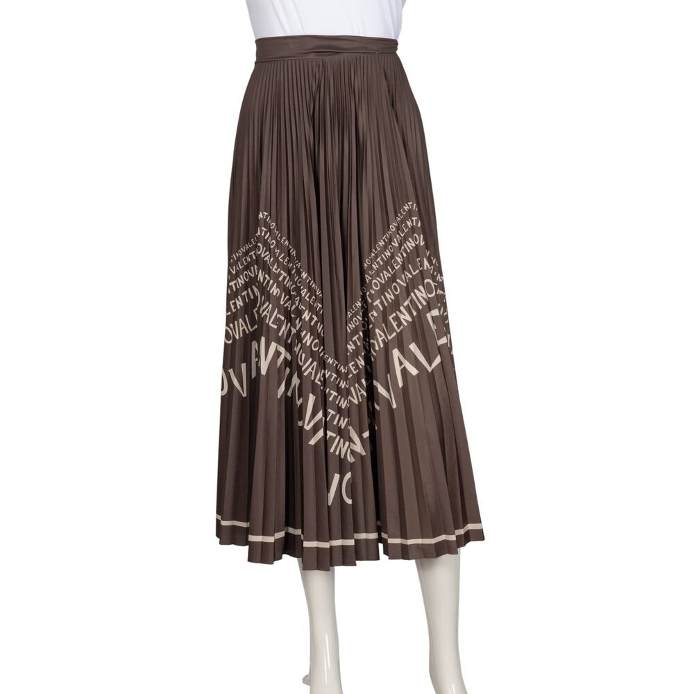 VALENTINO Brown Silk Logo Printed Pleated Midi Skirt Size S